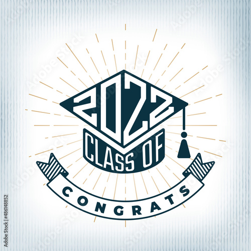 Class of 2022 Polygonal Numerals Logo Combined with Square Academic Graduation Cap Shape Sign and Congrats Lettering - Blue and Gold on White Background - Contrast Graphic Design