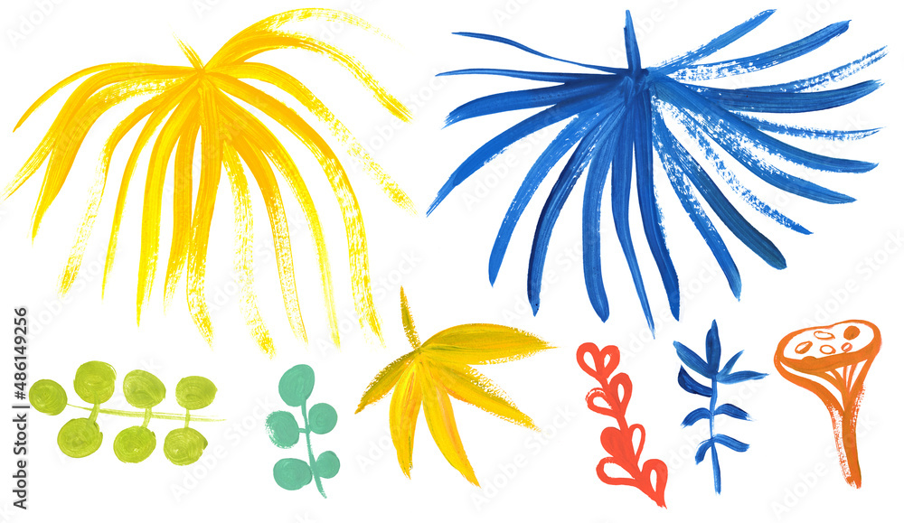 Collection of tropical branches and leaves painted in gouache with bright colors with a dry brush isolated on a white background for the design of summer fabrics and other