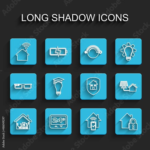 Set line Smart home, Thermostat, with wi-fi, remote control system, House under protection, Light bulb and graduation cap, solar panel and icon. Vector