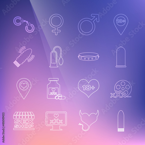 Set line Dildo vibrator, Film reel with Sex, Condom safe sex, Male gender symbol, Penis pump, for games, Sexy fluffy handcuffs and Leather fetish collar icon. Vector
