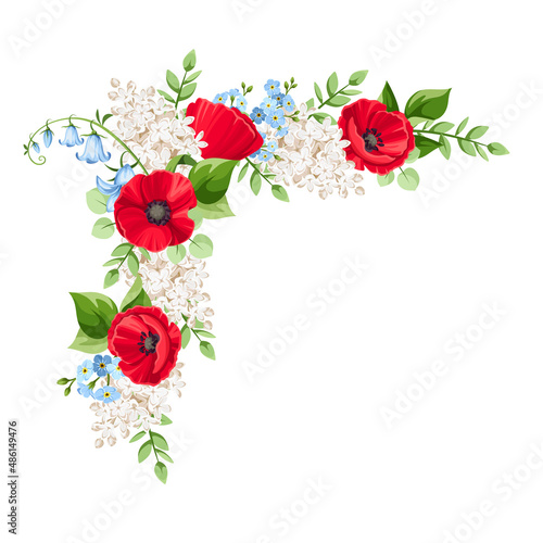 Floral composition with red poppy flowers, blue bluebells, and white lilac flowers. Corner decorative design element isolated on a white background. Vector illustration