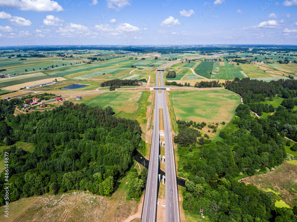 Express road S61 over Rospuda river aerial view, Poland