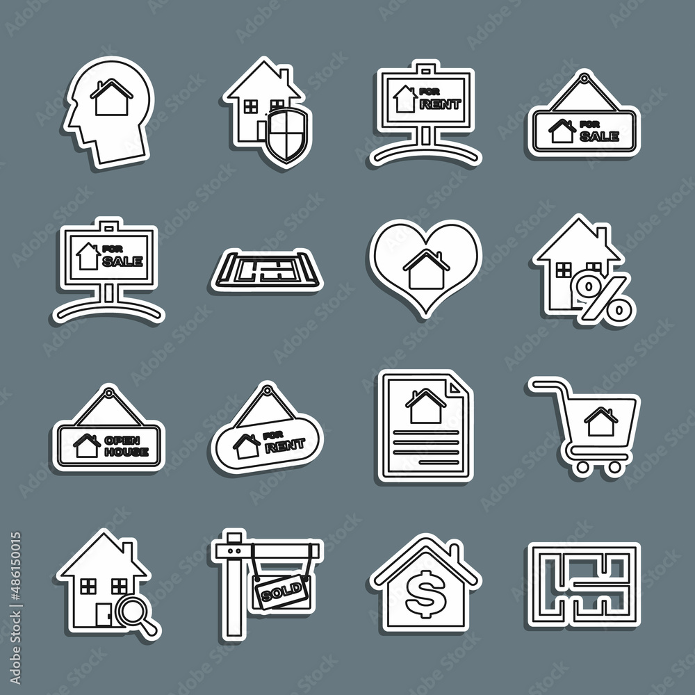 Set line House plan, Shopping cart with house, percant, Hanging sign For Rent, Sale, Man dreaming about buying and heart shape icon. Vector Set line House plan, Shopping cart with house, percant, Hanging sign For Rent, Sale, Man dreaming about buying and heart shape icon. Vector