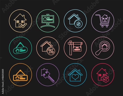 Set line House with dollar, Search house, percant, Hanging sign For Rent, check mark, and icon. Vector