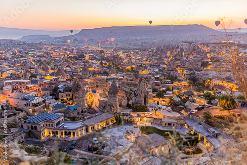 Early morning aerial view of Goreme village in Cappadocia, Turkey