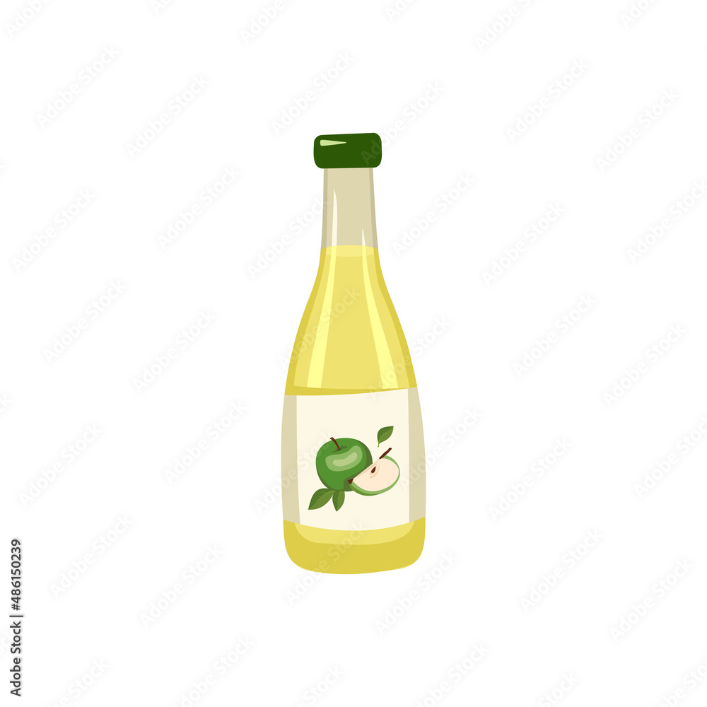Bottle with apple juice, whole fruit with leaves. Delicious healthy drink and product. Food vector flat illustration Bottle with apple juice, whole fruit with leaves. Delicious healthy drink and product. Food vector flat illustration