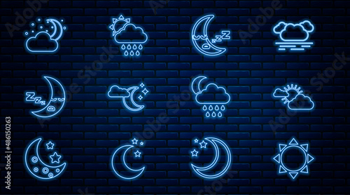 Set line Sun, and cloud weather, Moon icon, Cloud with moon stars, rain and sun icon. Vector