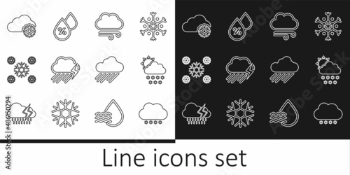 Set line Cloud with snow  and sun  Windy weather  rain lightning  Snow  and Water drop percentage icon. Vector