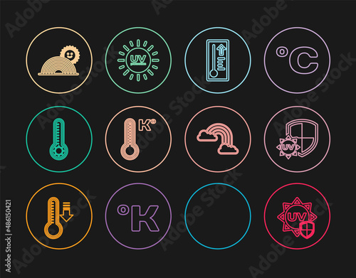 Set line UV protection, Meteorology thermometer, Rainbow with sun, clouds and icon. Vector