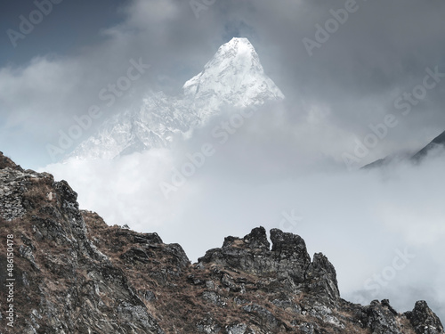 vintage style of mountain landscape in Nepal with snow peak Ama-Dablam © sergejson