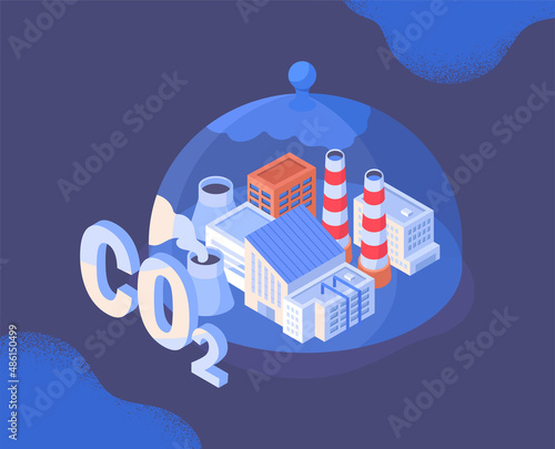 Carbon capture concept. Environmental pollution, global ecological problems. Incorrect waste treatment, manufacture. Abstract image of factory. Poster or banner. Cartoon volumetric vector illustration