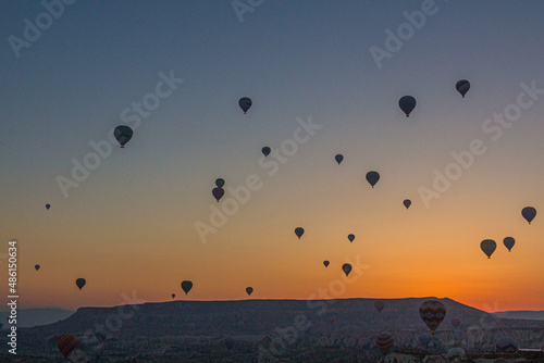 Aerial view of hot air balloons above Cappadocia, Turkey