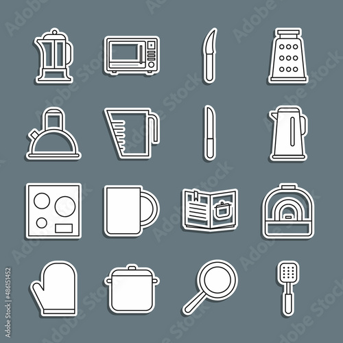 Set line Spatula, Oven, Kettle with handle, Knife, Measuring cup, French press and icon. Vector