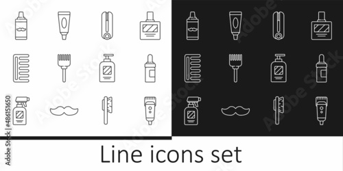Set line Electrical hair clipper or shaver, Beard and mustaches care oil bottle, Curling iron for, Hairbrush, Shaving gel foam, Bottle of shampoo and Cream lotion cosmetic tube icon. Vector