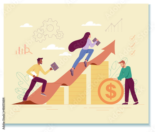 Company growth concept. People go up arrow. Income growth. Graphs, diagrams and charts, analytical department and financial literacy. Money, cash and profit. Cartoon flat vector illustration