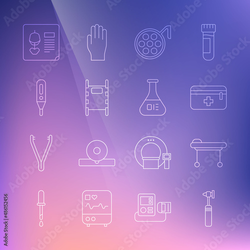 Set line Medical otoscope tool, Stretcher, First aid kit, Surgery lamp, digital thermometer, X-ray shots and Test tube and flask icon. Vector