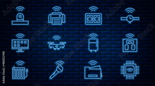 Set line Processor with microcircuits CPU, Smart bathroom scales, electrical outlet, drone, Tv system, security camera, refrigerator and printer icon. Vector