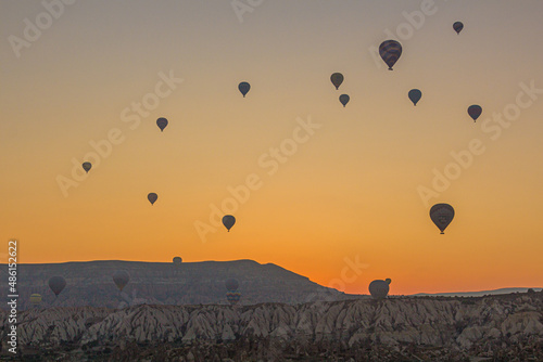 Hot air balloons above Cappadocia landscape, Turkey