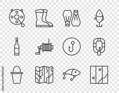 Set line Fishing bucket, Folded map, Rubber flippers for swimming, Spinning reel fishing, lure and Inflatable boat icon. Vector