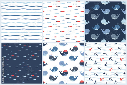 Set of nautical seamless patterns with anchors, fish, whales and waves.