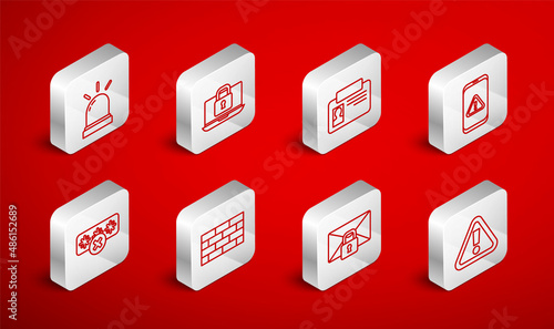Set line Exclamation mark in triangle, Identification badge, Mobile with exclamation, Mail message password, Motion sensor, Firewall, security wall and Password protection icon. Vector