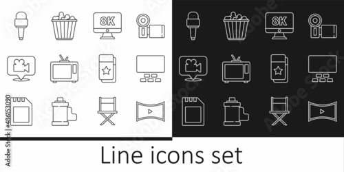 Set line Online play video, Cinema auditorium with seats, Monitor 8k, Retro tv, Camera and location, Microphone, ticket and Popcorn box icon. Vector