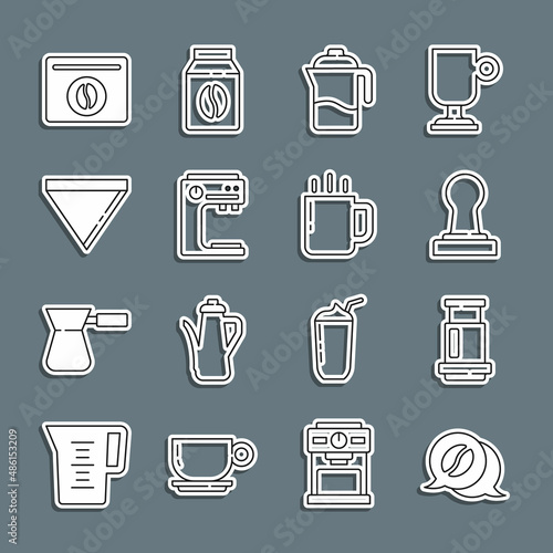 Set line Coffee and conversation, Aeropress coffee, tamper, French, machine, paper filter, Bag beans and cup icon. Vector