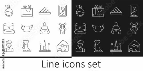 Set line Cheese, Windmill, Louvre museum, Croissant, Kepi, Perfume, Handbag and French baguette bread icon. Vector