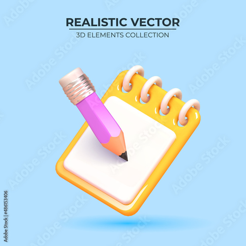 3D paper clipboard with pencil. Successful completion of business tasks. 3D Web Vector Illustrations. Realistic Elements for business design.