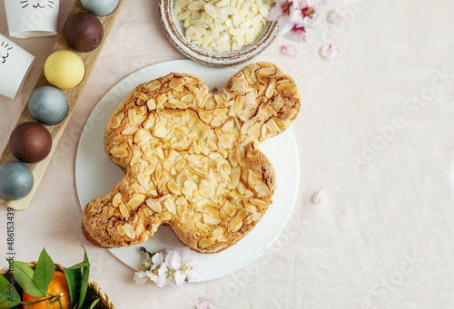 Canvas Print Colomba - traditional italian easter dove cake with glaze, macaranage, almonds