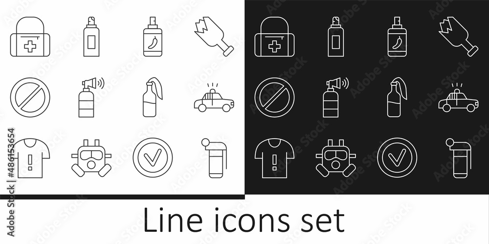 Set line Hand grenade, Police car flasher, Pepper spray, Air horn, Ban, First aid kit, Cocktail molotov and Paint can icon. Vector