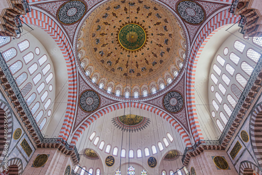 ISTANBUL, TURKEY - JULY 22, 2019: Interior of Suleymaniye Mosque in Istanbul, Turkey
