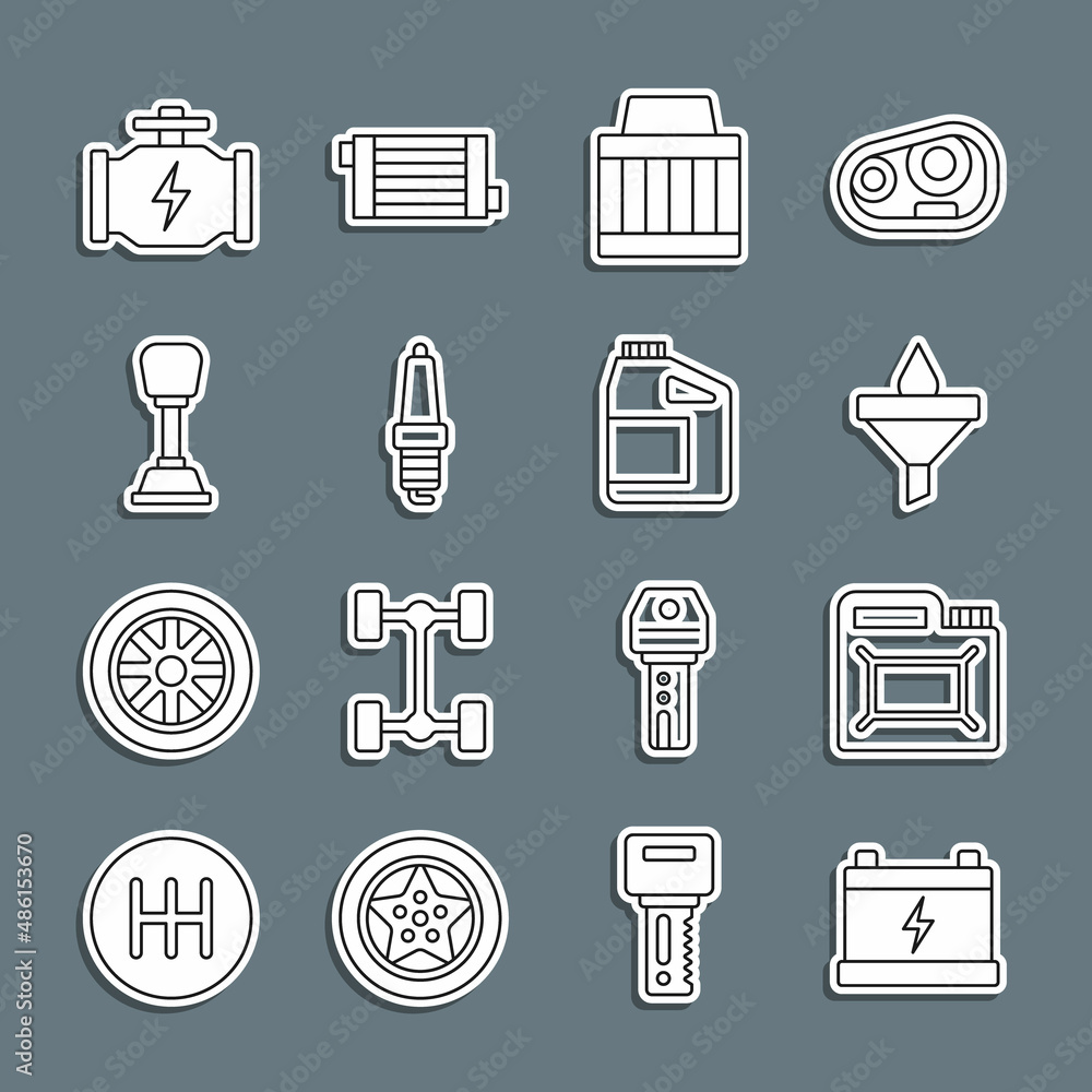 Set line Car battery, Canister for motor oil, Funnel and drop, air filter, spark plug, Gear shifter, Check engine and icon. Vector Set line Car battery, Canister for motor oil, Funnel and drop, air filter, spark plug, Gear shifter, Check engine and icon. Vector