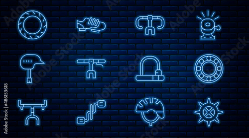 Set line Bicycle sprocket crank, ball bearing, handlebar, helmet, wheel tire, lock and shoes icon. Vector