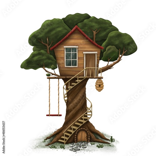 Bilde på lerret Magic treehouse with the spiral staircase, the swing and the beehive