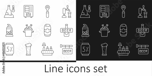 Set line Street signboard with Beer, bottle, Bottle opener, bottles in ice bucket, Cold beer, can and Vending machine icon. Vector