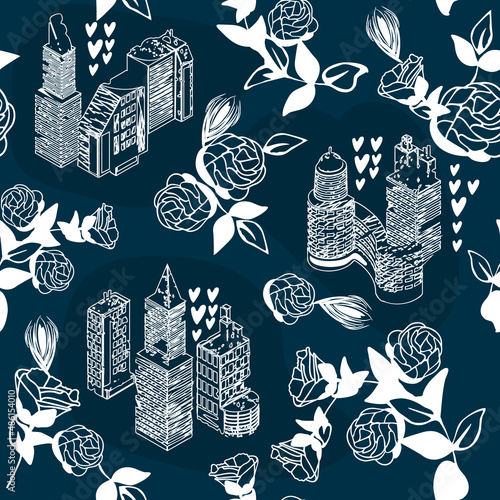 Seamless vector pattern with city silhouettes and braches with flowers white colors on blue.Background with outlines design elements.Hand drawn floral texture for printing on fabrics and paper.