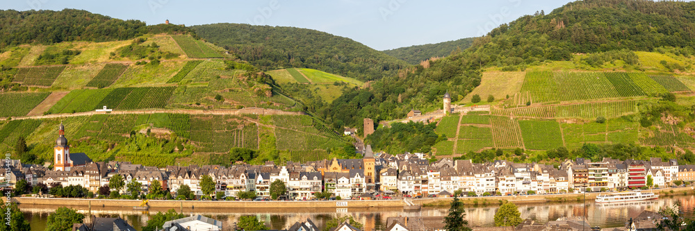 Naklejka premium Zell an der Mosel town at Moselle river with vineyards wine panorama in Germany