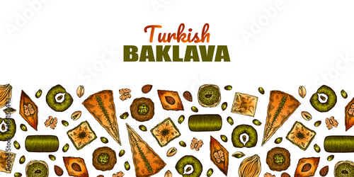 Sketch drawing poster of colorful oriental sweets isolated on white background. Outline hand drawn Turkish baklava, engraved baked sweets, pistachio, almond, walnut, dessert menu. Vector illustration.