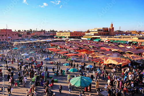 MARRAKECH, MOROCCO - 6 March 2016: Famous Jemaa el Fna square crowded at dusk. Marrakesh, Morocco photo