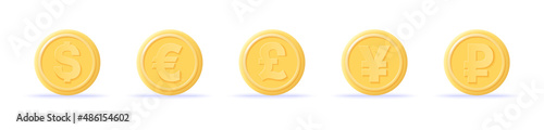 3D coins icons set dollar, euro, pound, yen and ruble. 3d money render. Currency exchange, business financial investment and stock market investment. Realistic coins vector illustration.