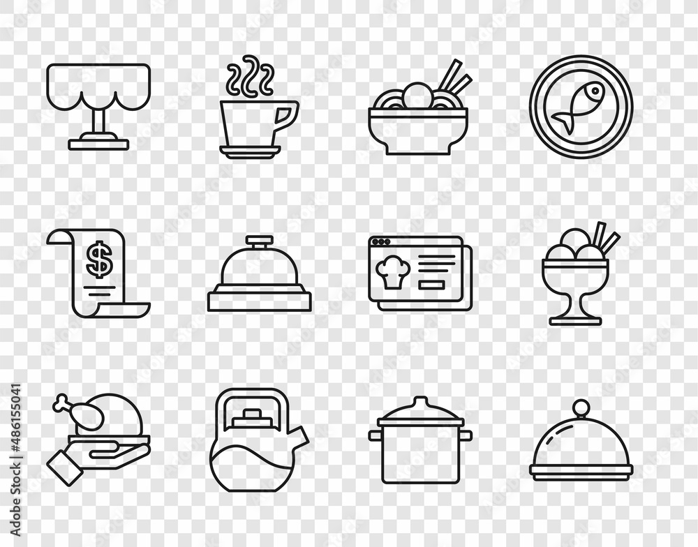 Set line Roasted turkey or chicken, Covered with tray, Asian noodles in bowl, Kettle handle, Wooden table, Hotel service bell, Cooking pot and Ice cream icon. Vector Set line Roasted turkey or chicken, Covered with tray, Asian noodles in bowl, Kettle handle, Wooden table, Hotel service bell, Cooking pot and Ice cream icon. Vector