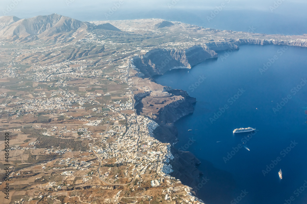 Santorini island holidays in Greece travel traveling Fira Thera town Mediterranean Sea aerial photo view Santorin