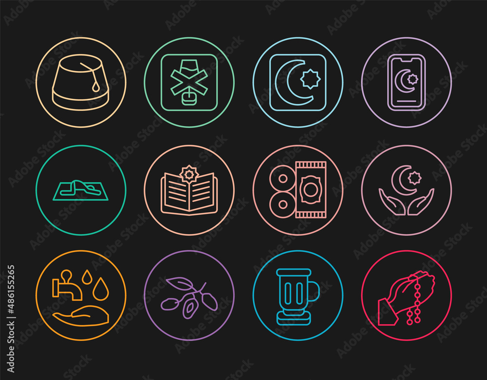 Set line Hands in praying position, Star crescent, Holy book of Koran, Muslim man prays, Turkish hat, Traditional carpet and No alcohol icon. Vector