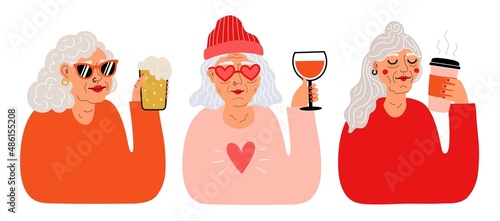 Vector set with old women with drinks. Coffee to go cup, glass of red wine and beer. Trendy print design collection, sticker templates