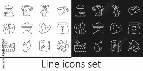 Set line Seed, Bag of flour, Windmill, Sifting, Plant hand, sprouts grow the rain, Coffee beans and Bread toast icon. Vector