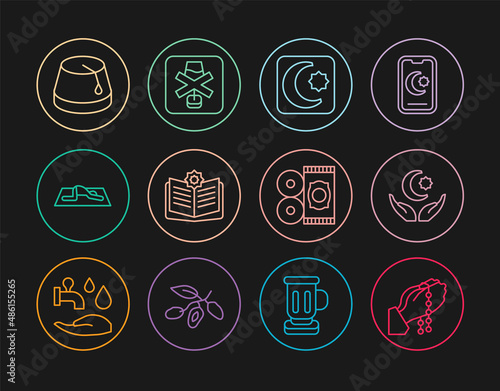 Set line Hands in praying position, Star crescent, Holy book of Koran, Muslim man prays, Turkish hat, Traditional carpet and No alcohol icon. Vector