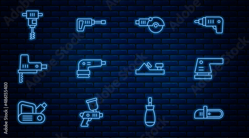 Set line Chainsaw, Electric sander, Angle grinder, jigsaw, Electrical hand concrete mixer, Wood plane tool and Rotary hammer drill machine icon. Vector