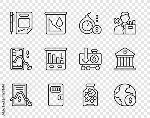 Set line Mobile stock trading, Global economic crisis, Money bomb dollar, Prison cell door, Contract money and pen, Pie chart infographic, Glass jar with coin and Bank building icon. Vector