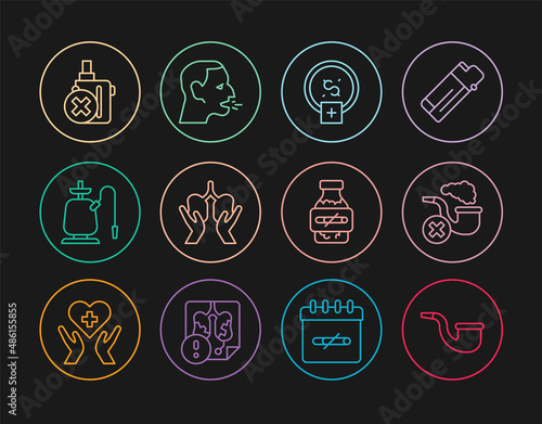 Set line No pipe smoking, Smoking with smoke, Stop money saving, Lungs, Hookah, electronic cigarette, Nicotine gum blister pack and Man coughing icon. Vector